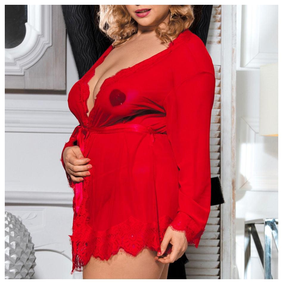 kimono pivoine sensual lingerie - court avec voile et dentelle - rouge porté de face, profil et dos