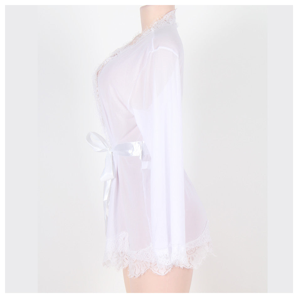 kimono pivoine sensual lingerie - court avec voile et dentelle - blanc mannequin de face, profil et dos