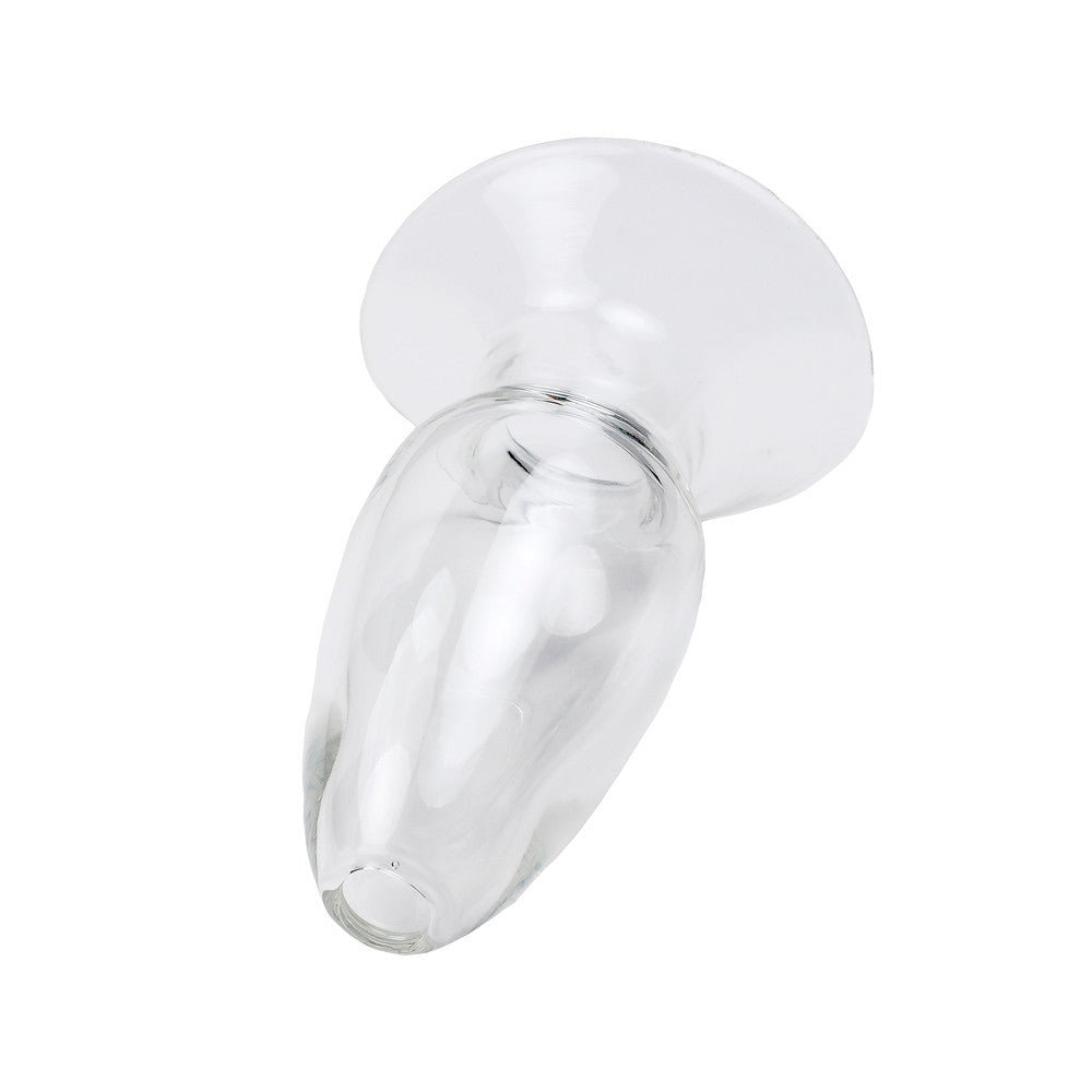Plug anal ouvert transparent, position allongée vue du dessus