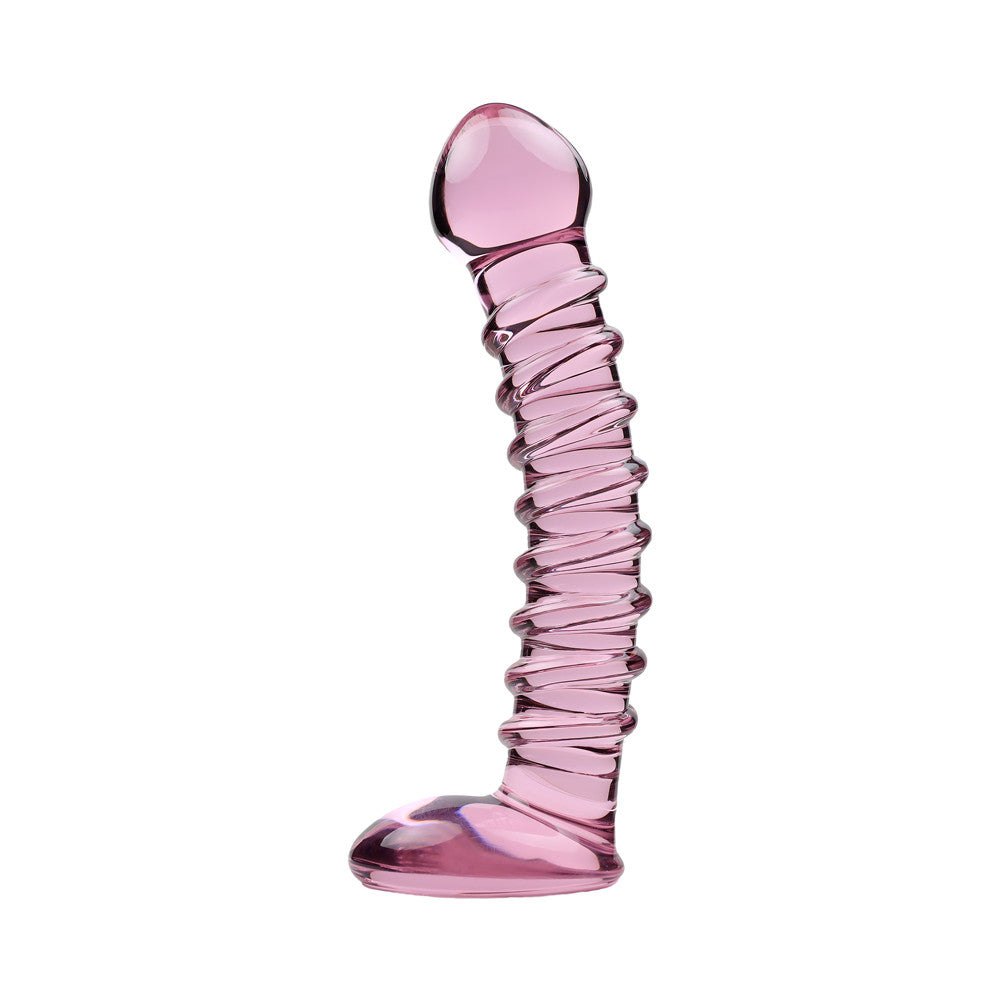 Gode en verre rose avec relief et arrêt, vue debout