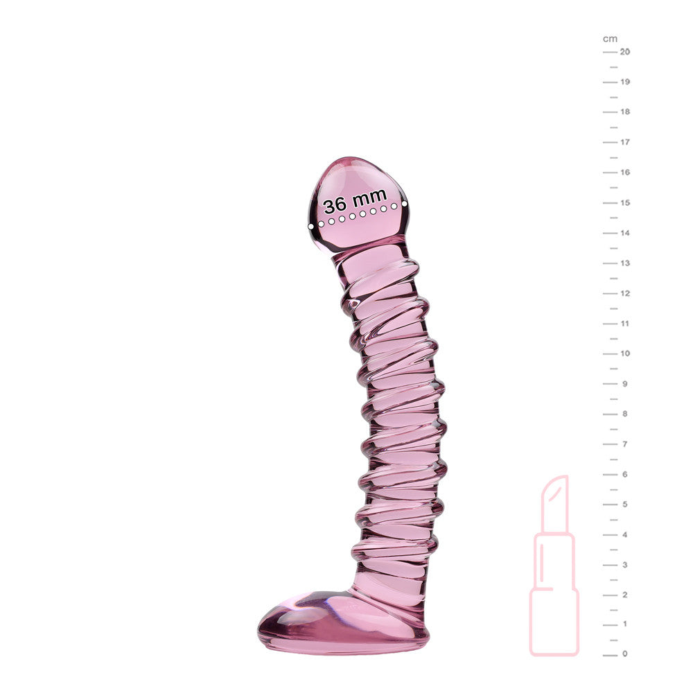 Gode en verre rose avec relief et arrêt, vue debout avec sa taille et diamètre