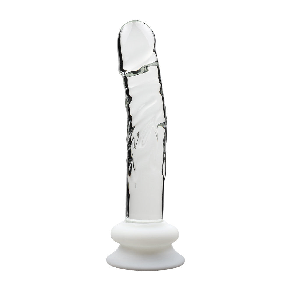 Gode en verre transparent avec socle blanc, vue debout