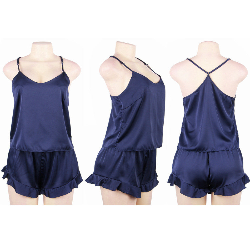 Set satin top short Laura bleu Sensual Lingerie vue de 3 faces