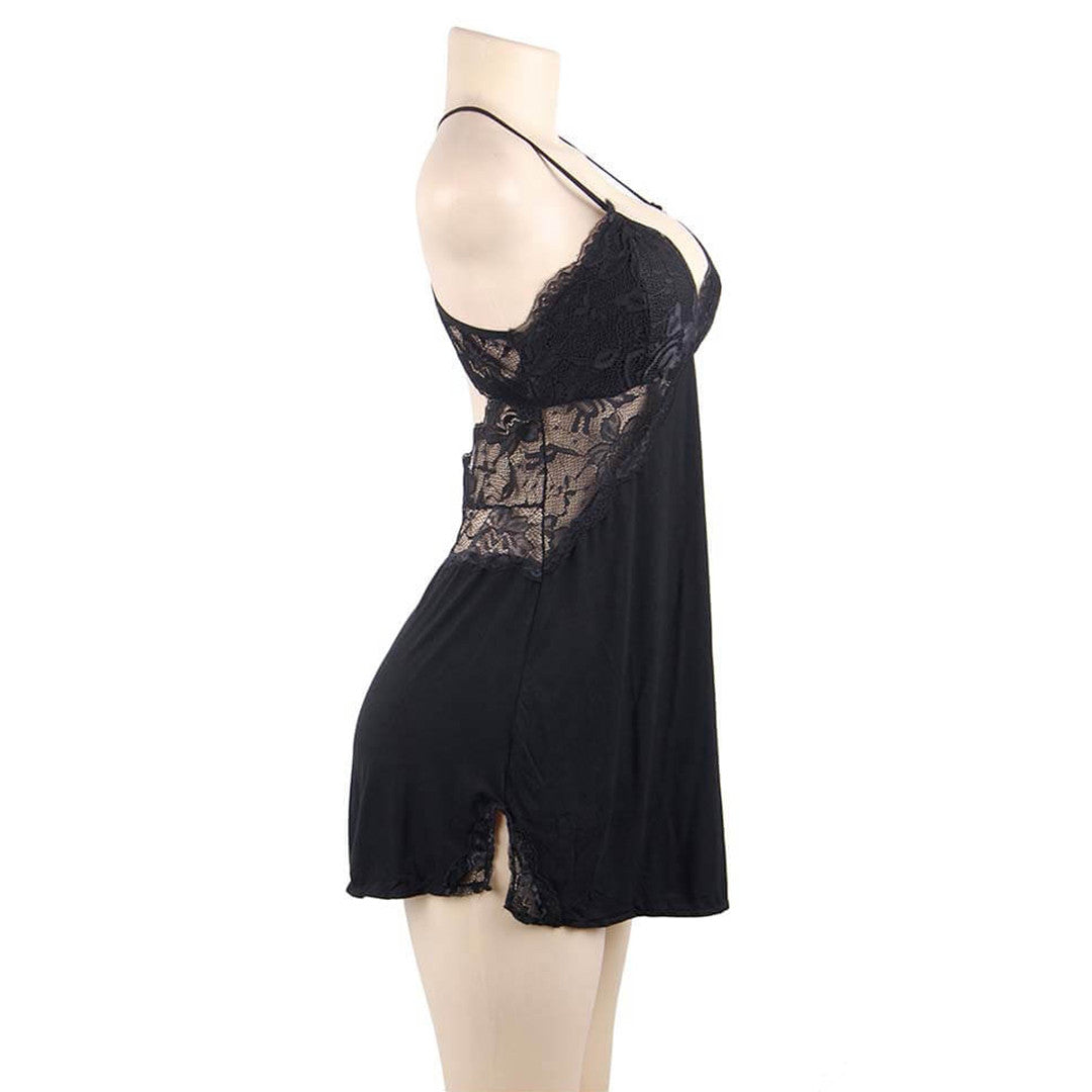 sensual lingerie nuisette Linda dentelle confort marine mannequin côté