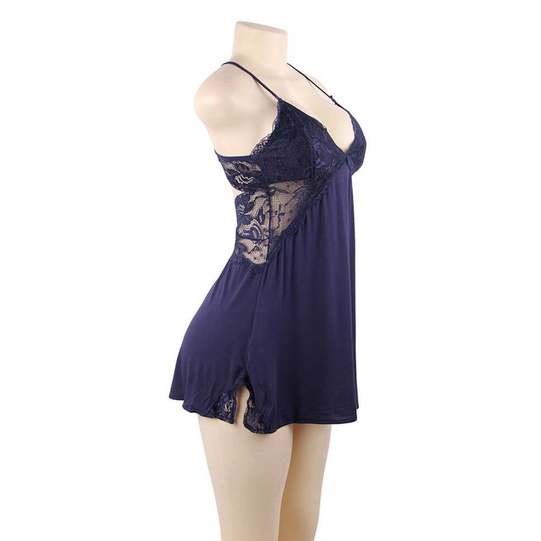 sensual lingerie nuisette Linda dentelle confort marine mannequin côté