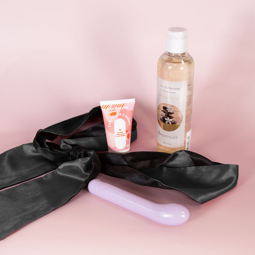 Pack Melba avec bandeau en satin, huile de massage Monoï, lubrifiant Body House Confort, Mini vibromasseur point G Célébration
