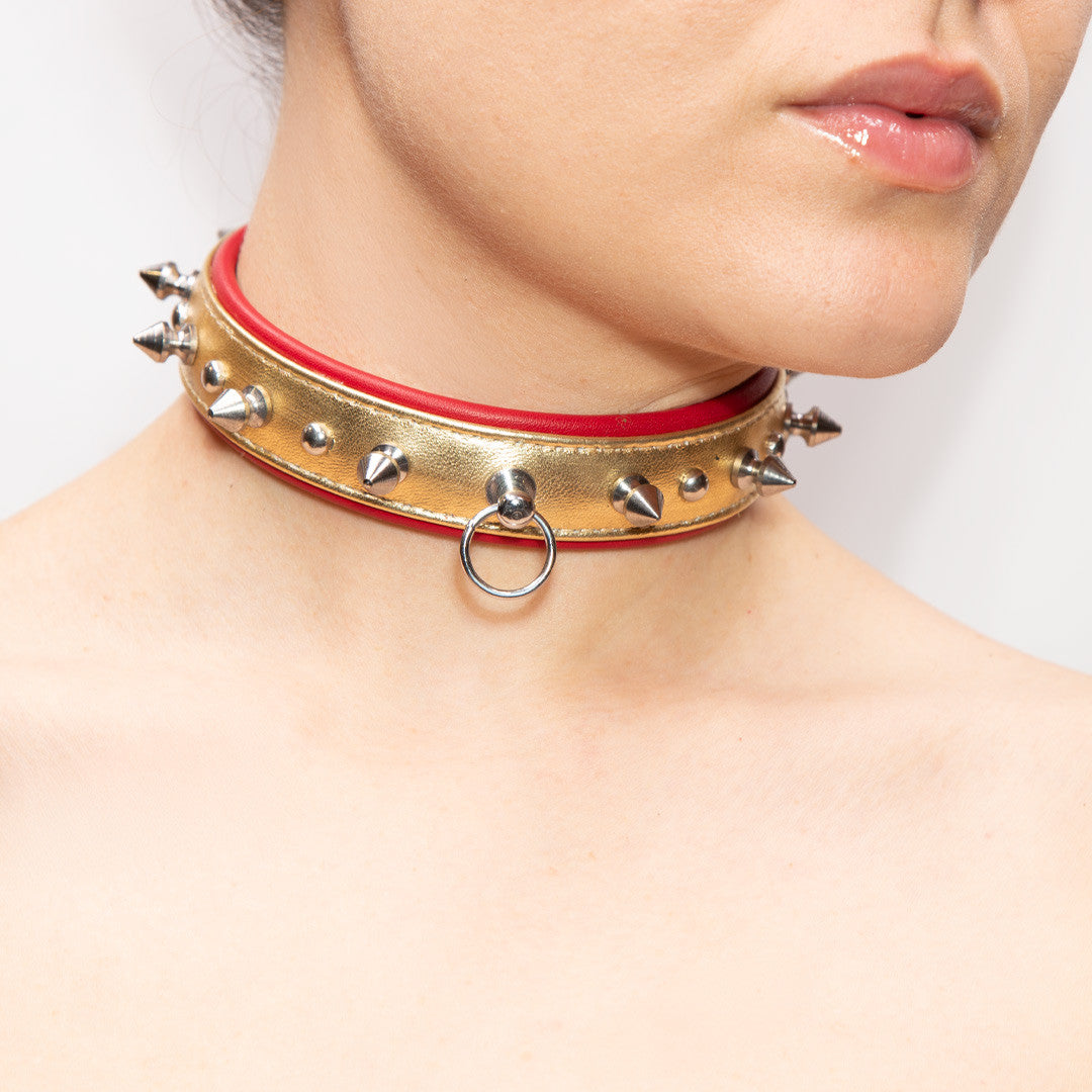 Collier Cuir Piques et Rivets Or Rouge