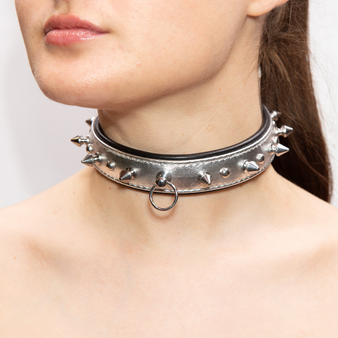Collier Cuir Piques et Rivets Argent