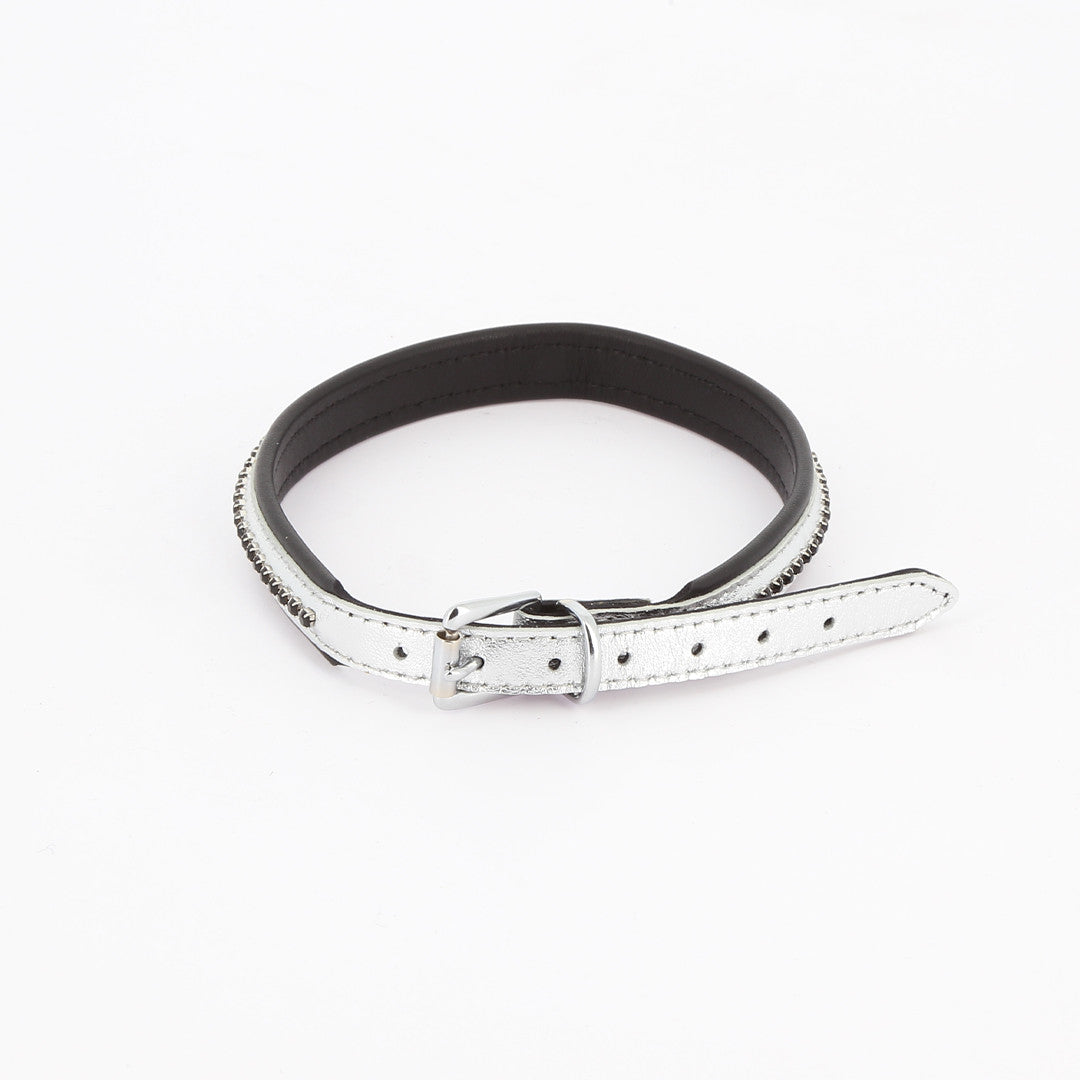 Collier Cuir Rangée Strass Argent
