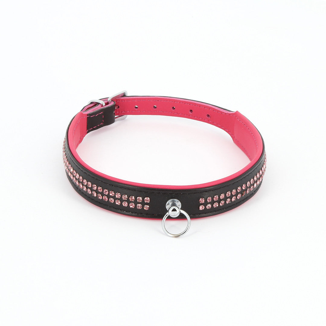 Collier Cuir 2 rangées strass rouge