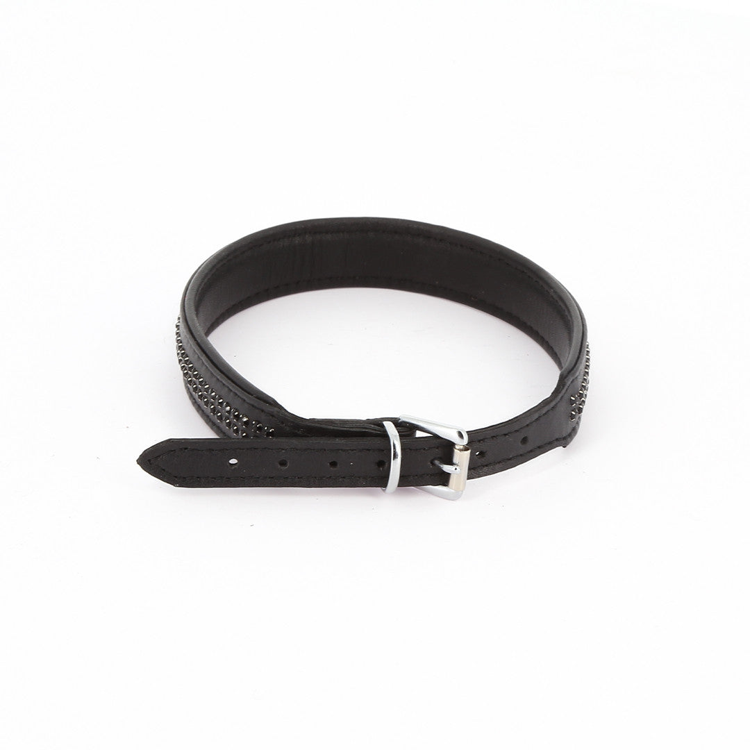 Collier Cuir 2 rangées strass noir