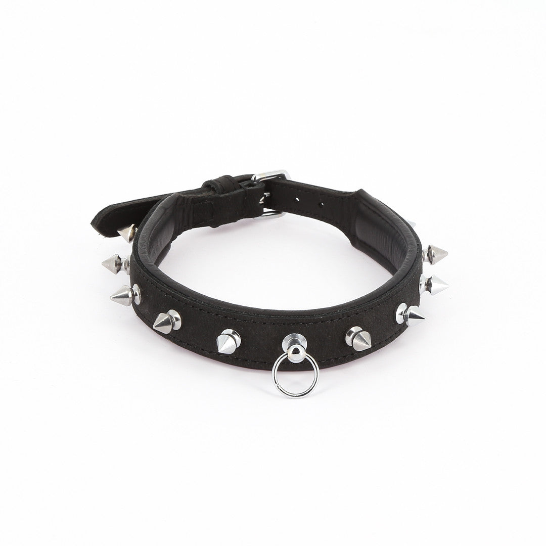 Collier Cuir Piques et Anneau Noir