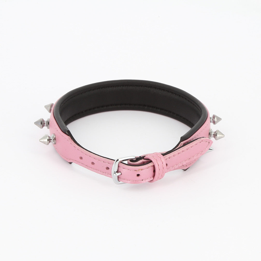 Collier Cuir Piques et Anneau Rose