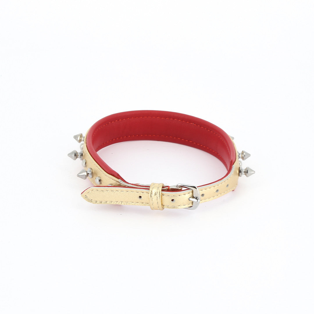 Collier Cuir Piques et Rivets Or Rouge