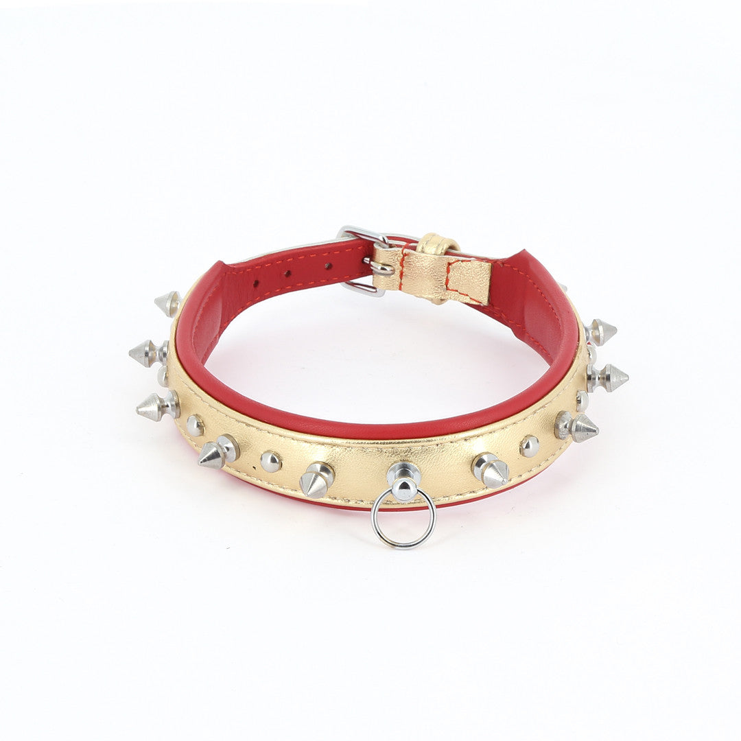 Collier Cuir Piques et Rivets Or Rouge