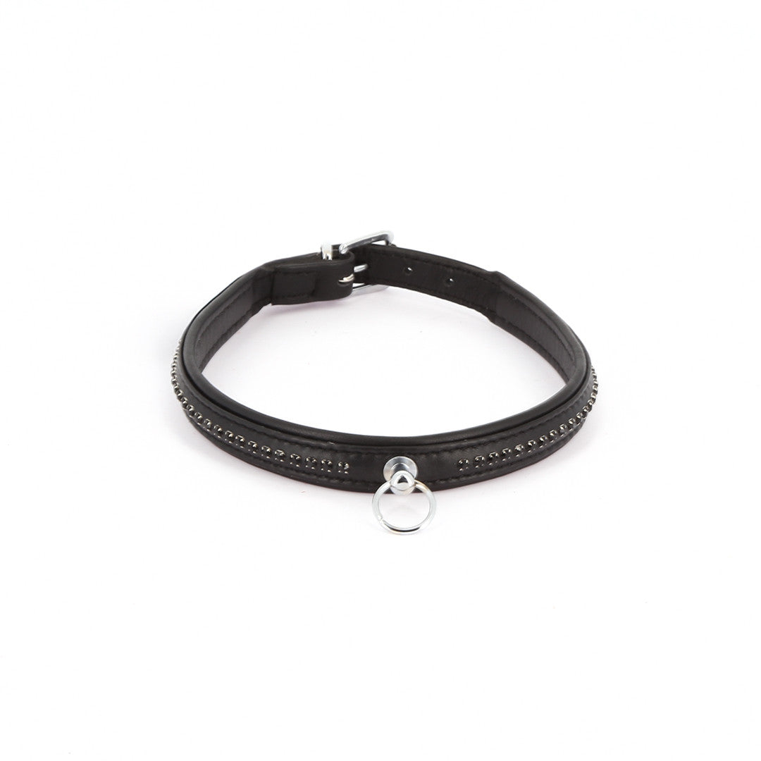 Collier Cuir Rangée Strass Noir