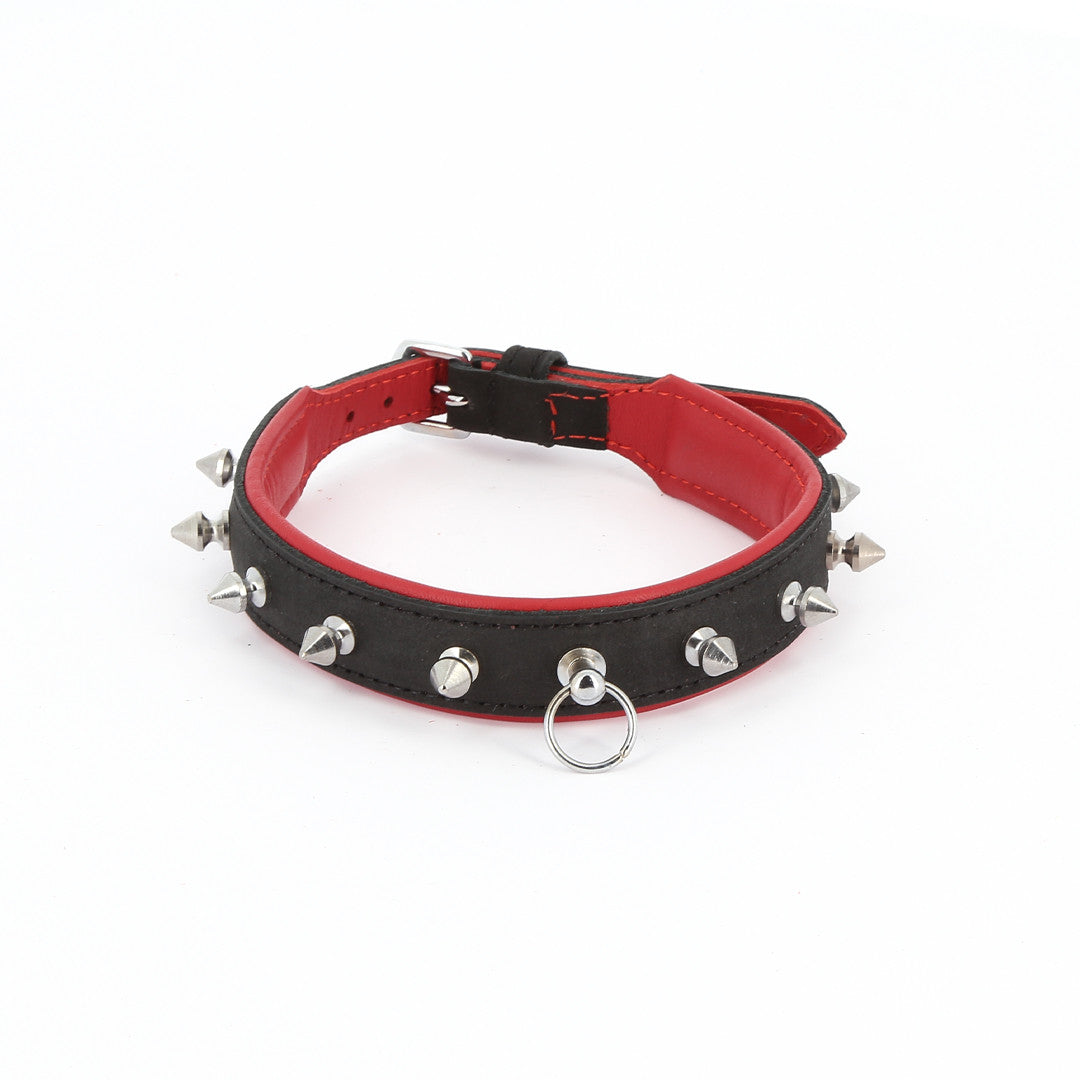 Collier Cuir Piques et Anneau Noir/rouge
