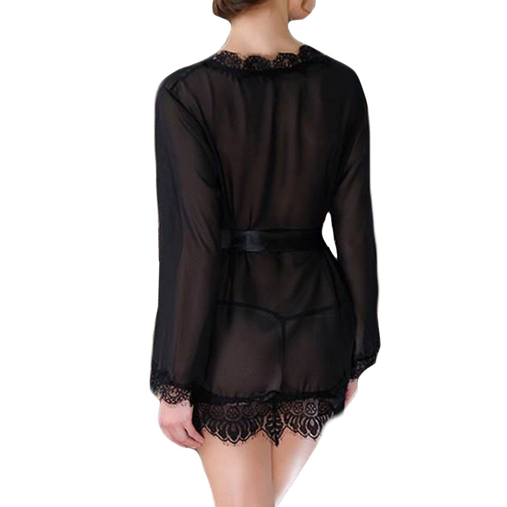 kimono pivoine sensual lingerie - court avec voile et dentelle - noir porté de dos