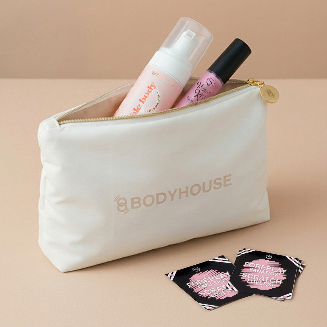 Trousse Body House, mousse nettoyante sextoy, gloss chauffant et ticket à grater