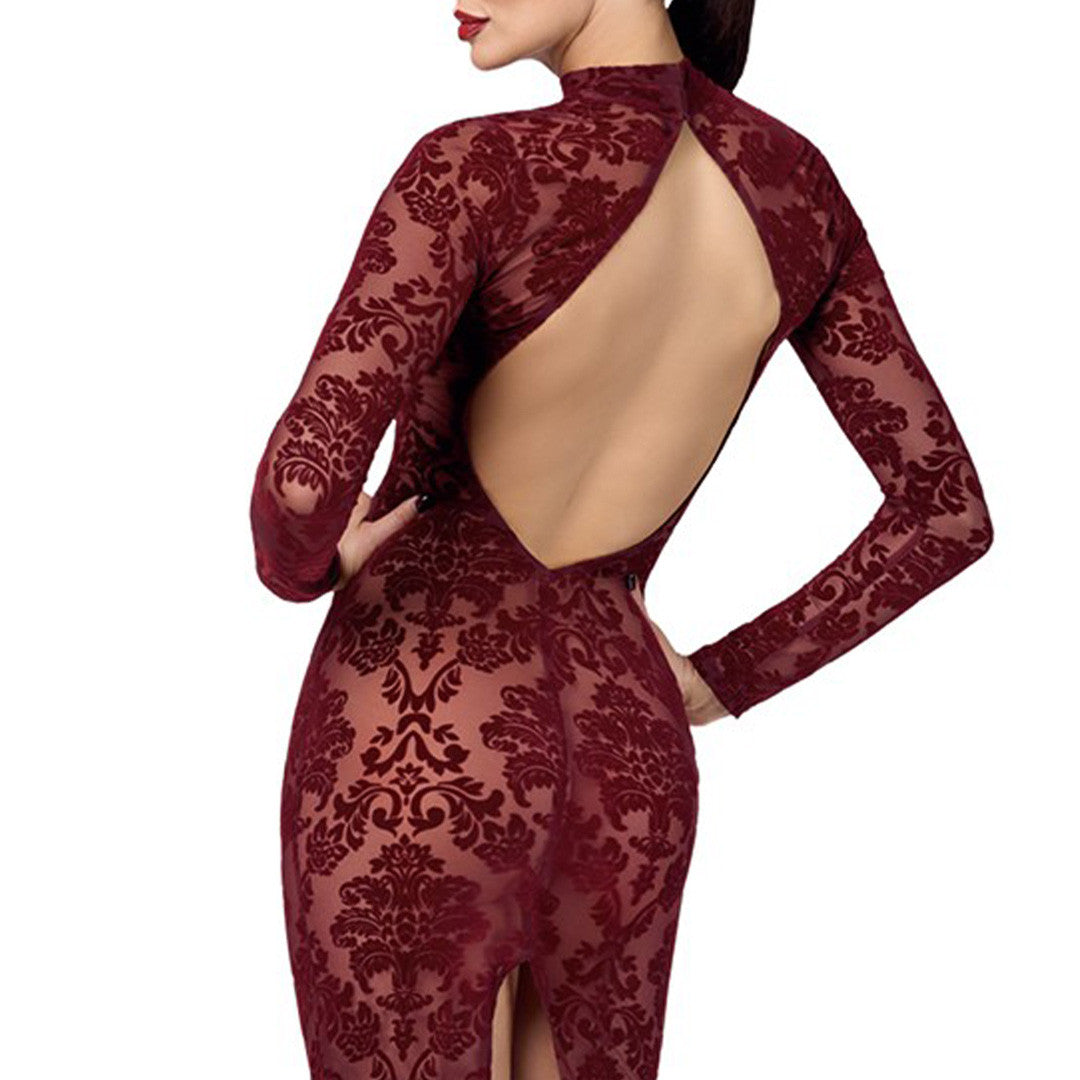 Robe Longue Fendue en Tulle Floqué