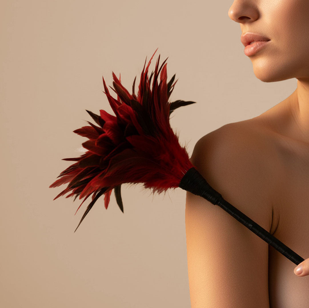 Be Bondage Plumeau Bicolore à Caresses Sensuelles 35 cm Rouge et Noir Vue de Face