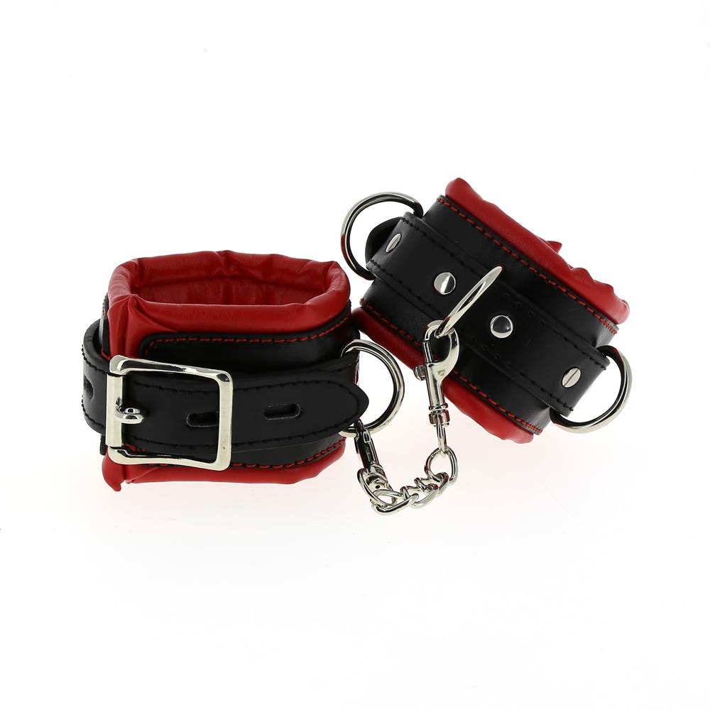 Menottes Poignets en Cuir Noir Intérieur Rouge