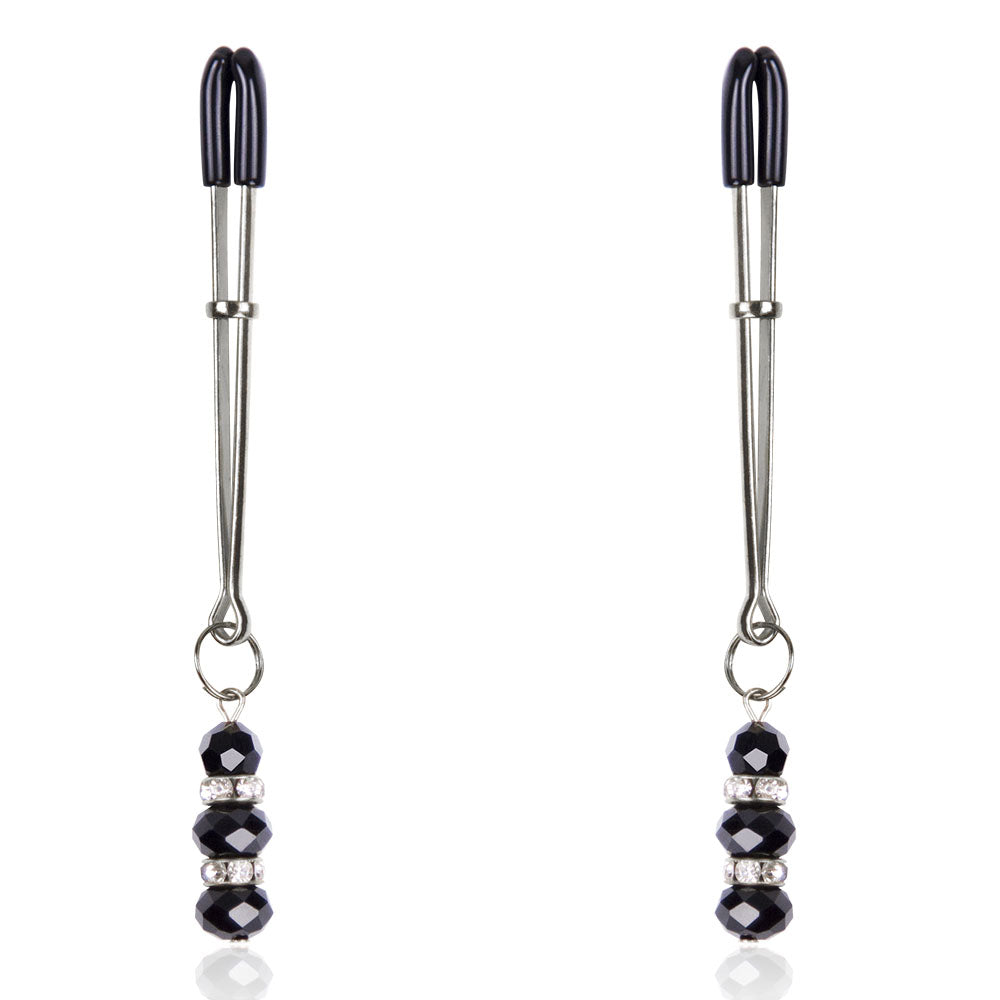 Be Bondage Pinces à Tétons BDSM 3 Billes Bijoux Noires et Argentées Vue de Face