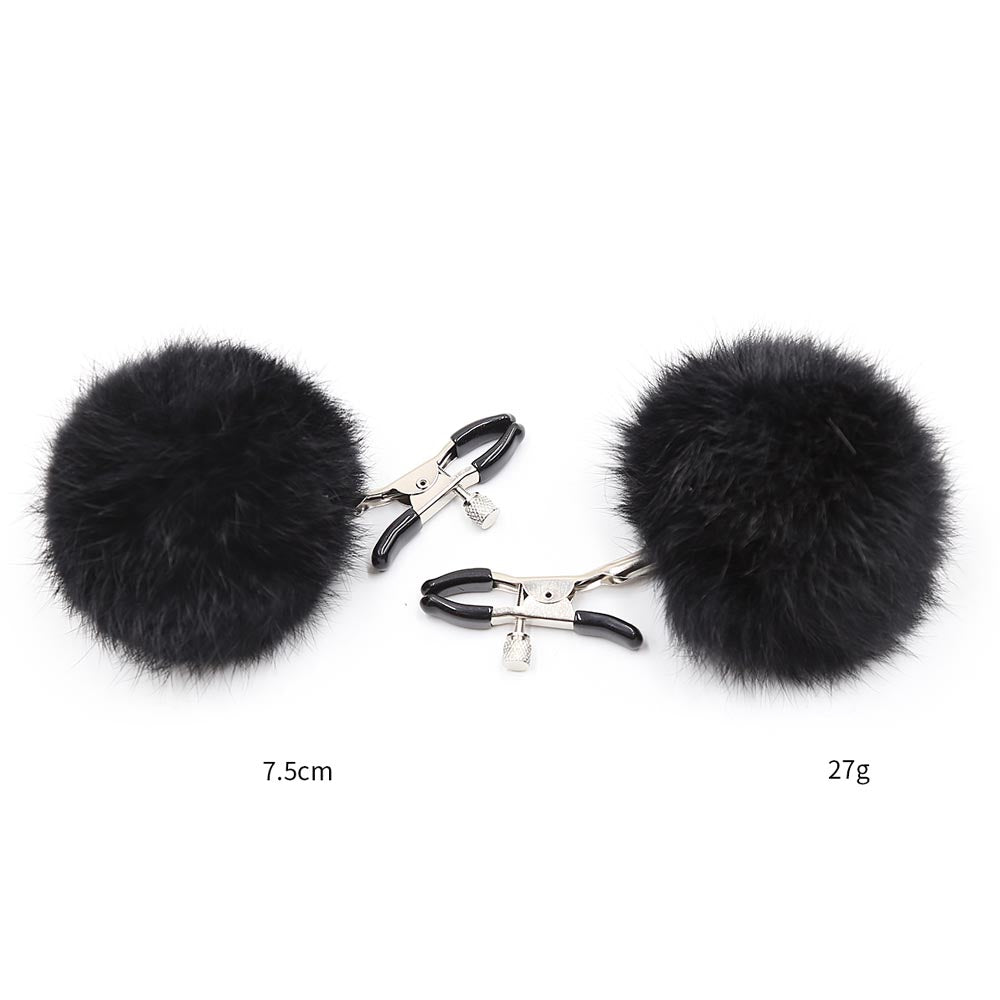 Be Bondage Pince Tétons Boule Fourrure Noire Vue de Face avec Mesures
