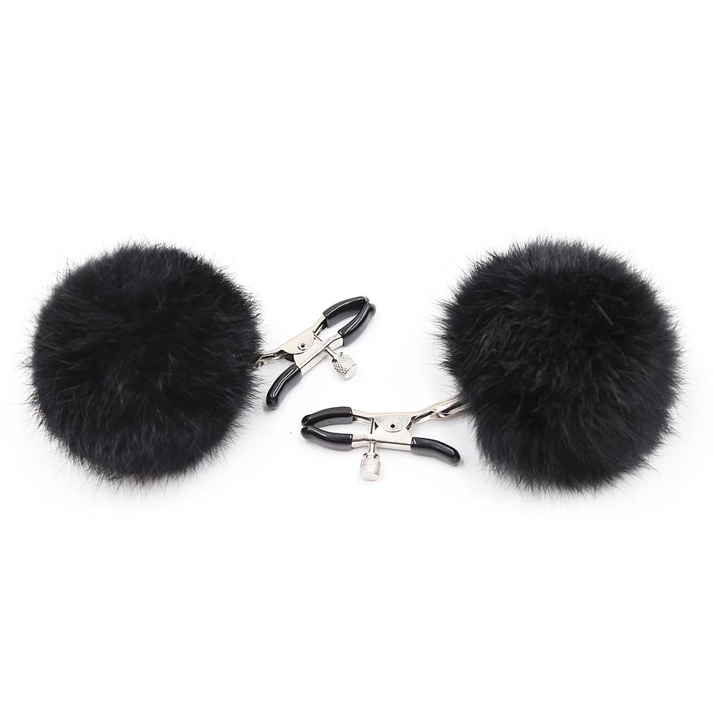 Be Bondage Pince Tétons Boule Fourrure Noire Vue de Face 