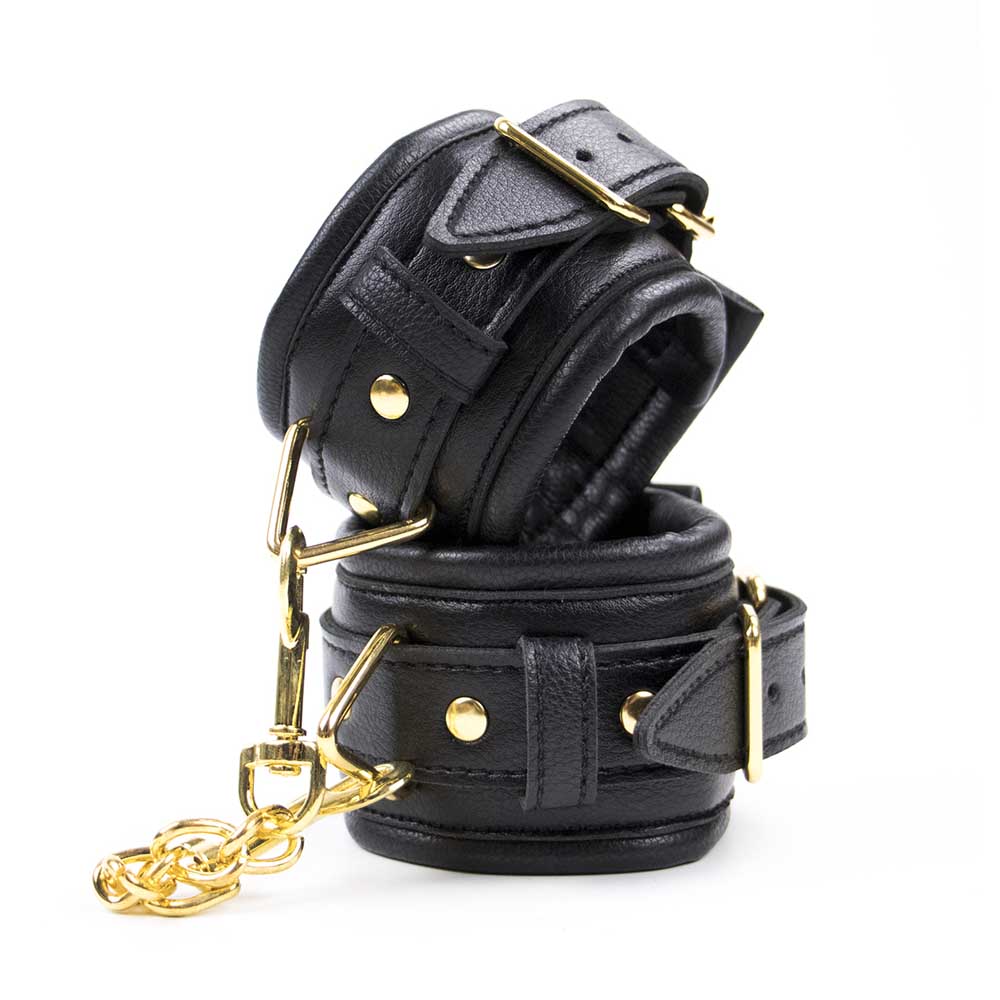 Be Bondage Entraves Poignets Cuir Noir et Métal Doré Réglables BDSM Vue Générale