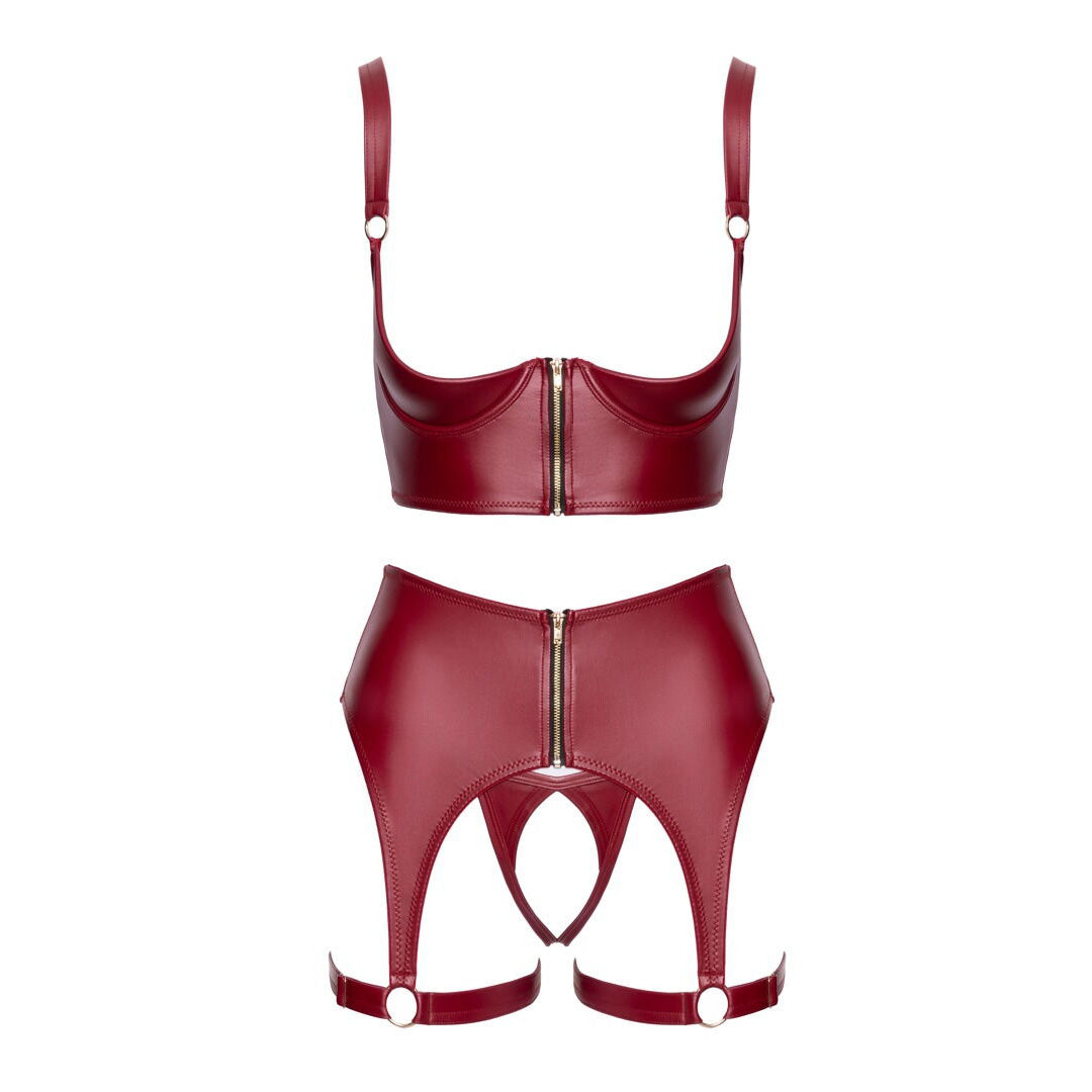 Ensemble 3 pièces soutien-gorge et culotte ouverte rouge