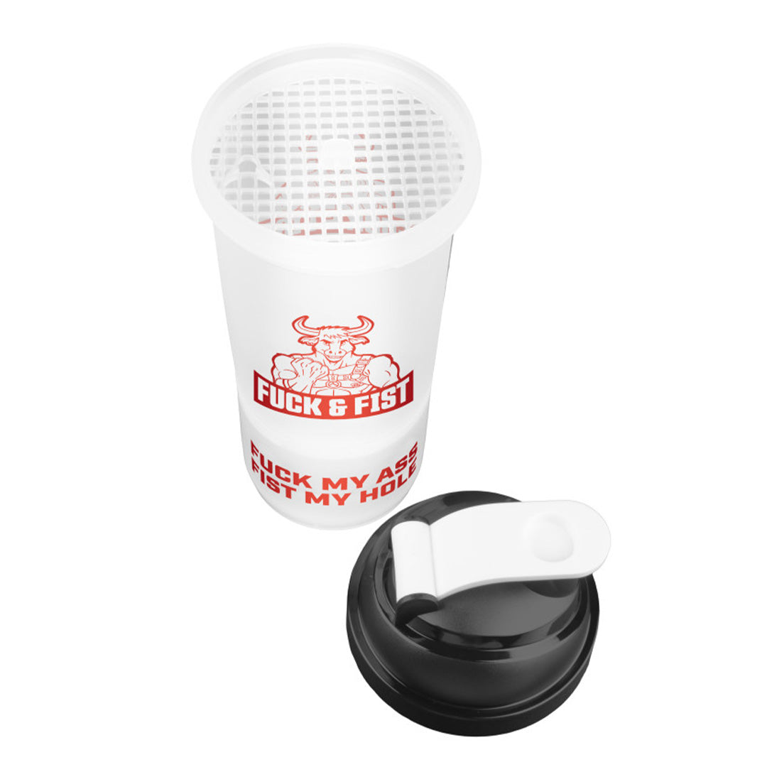 Shaker Fuck & Fist démonté, avec sa grille de mélange et son bouchon noir